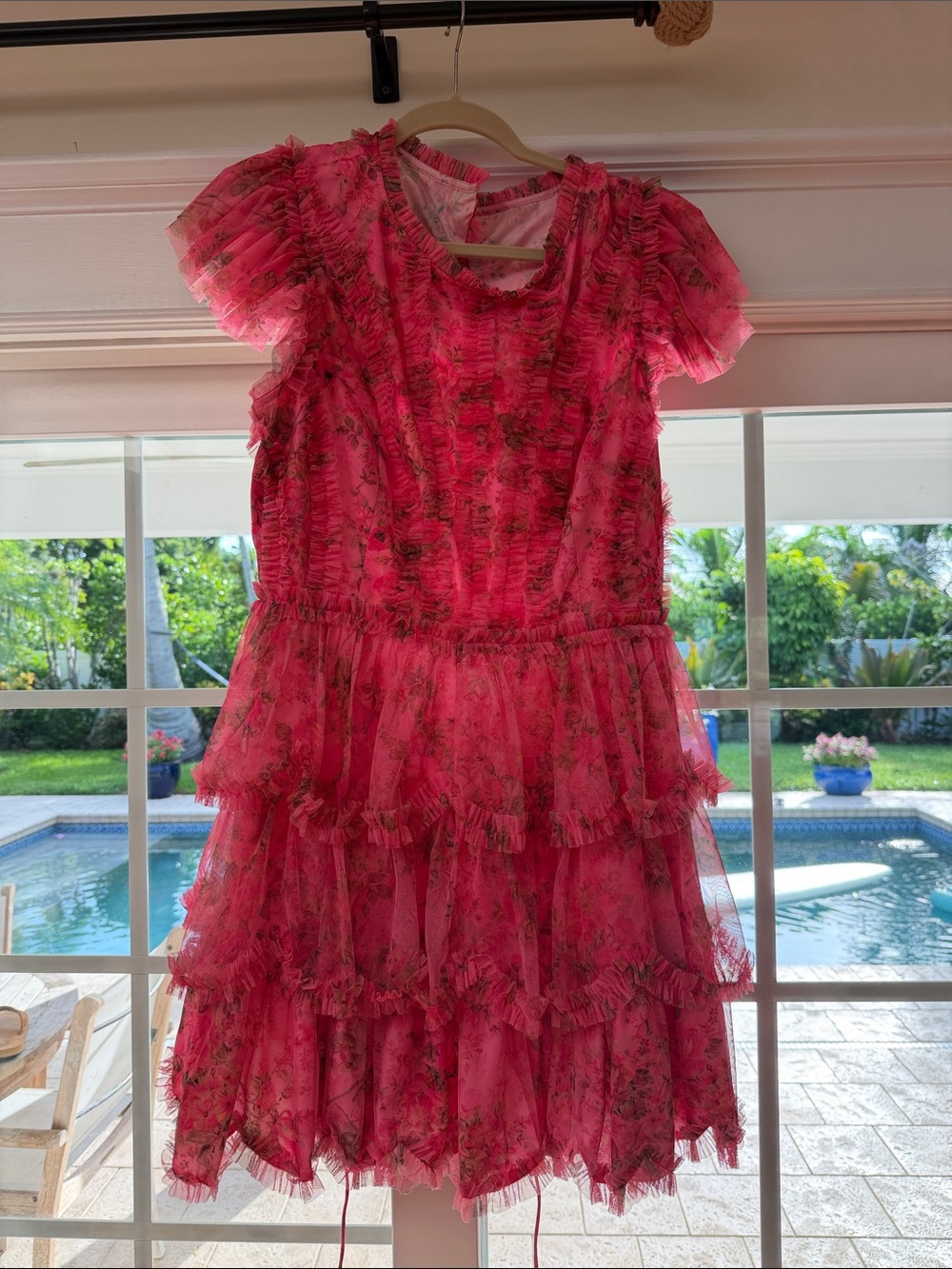 Mac Duggal Pink Floral Ruffle Tiered Dress